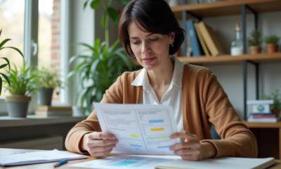 Femme au bureau examinant une fiche d'activité avec notes
