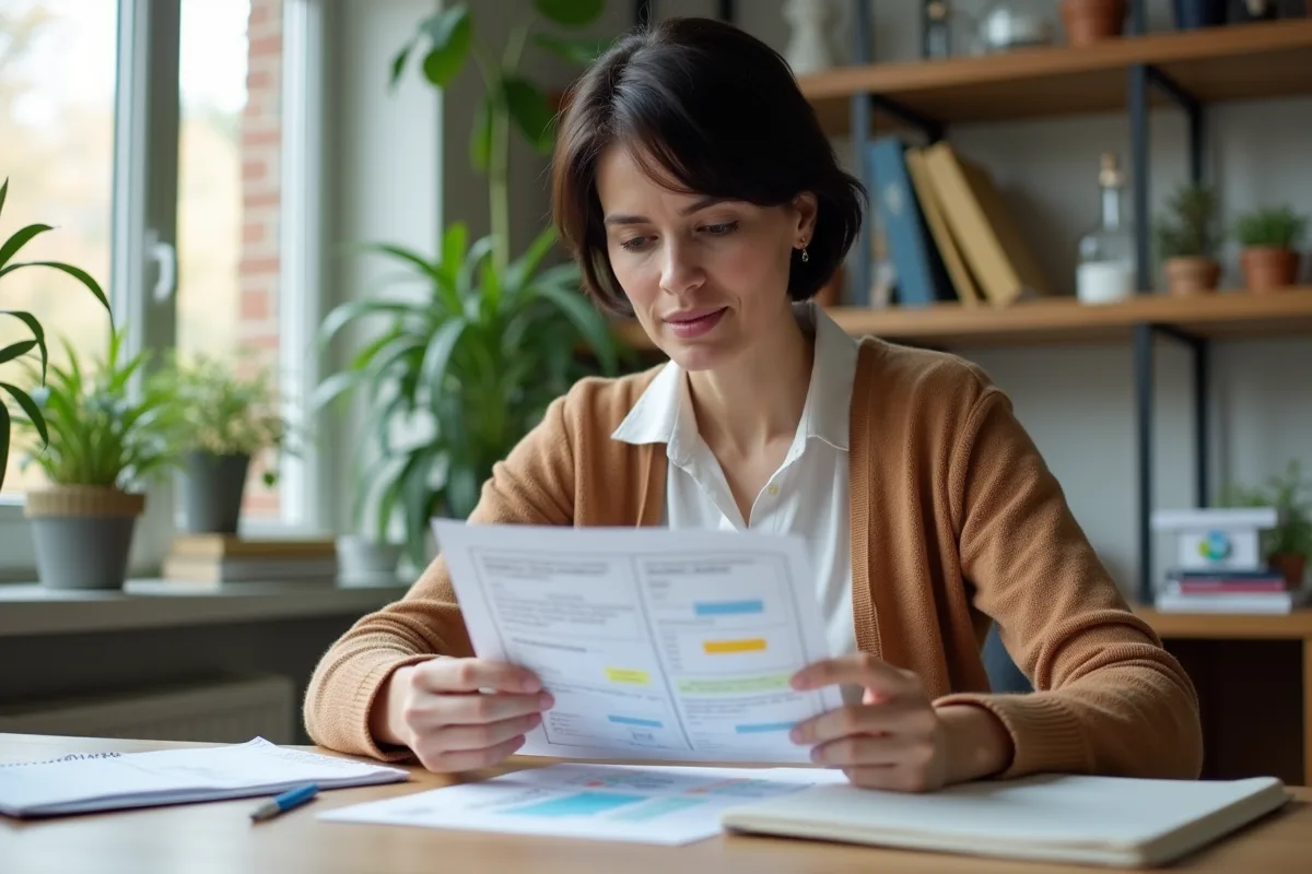 Femme au bureau examinant une fiche d'activité avec notes