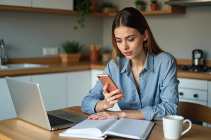 Jeune femme au bureau cuisine avec ordinateur et café
