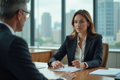 Femme en costume d'affaires discutant avec un conseiller dans un bureau moderne