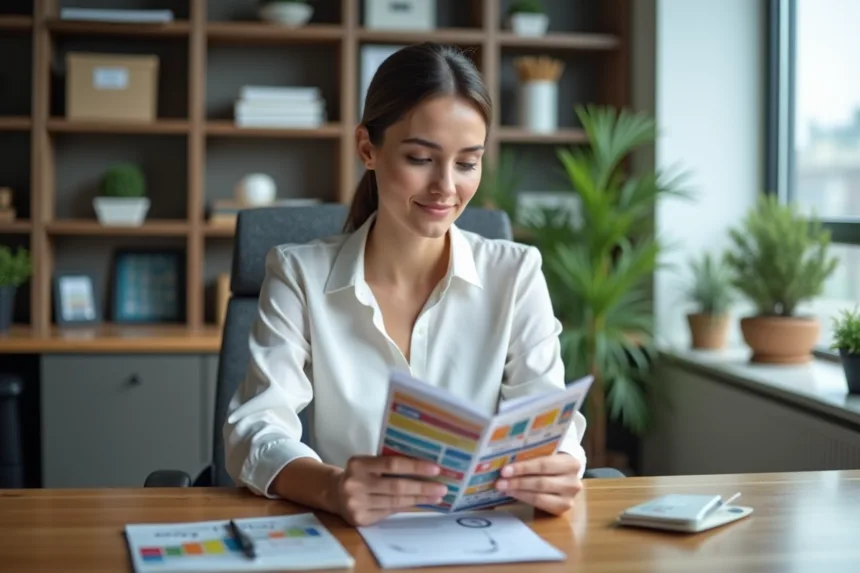 Femme professionnelle examine flyers dans un bureau moderne