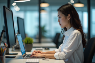 Jeune femme au bureau compose un email sur son ordinateur