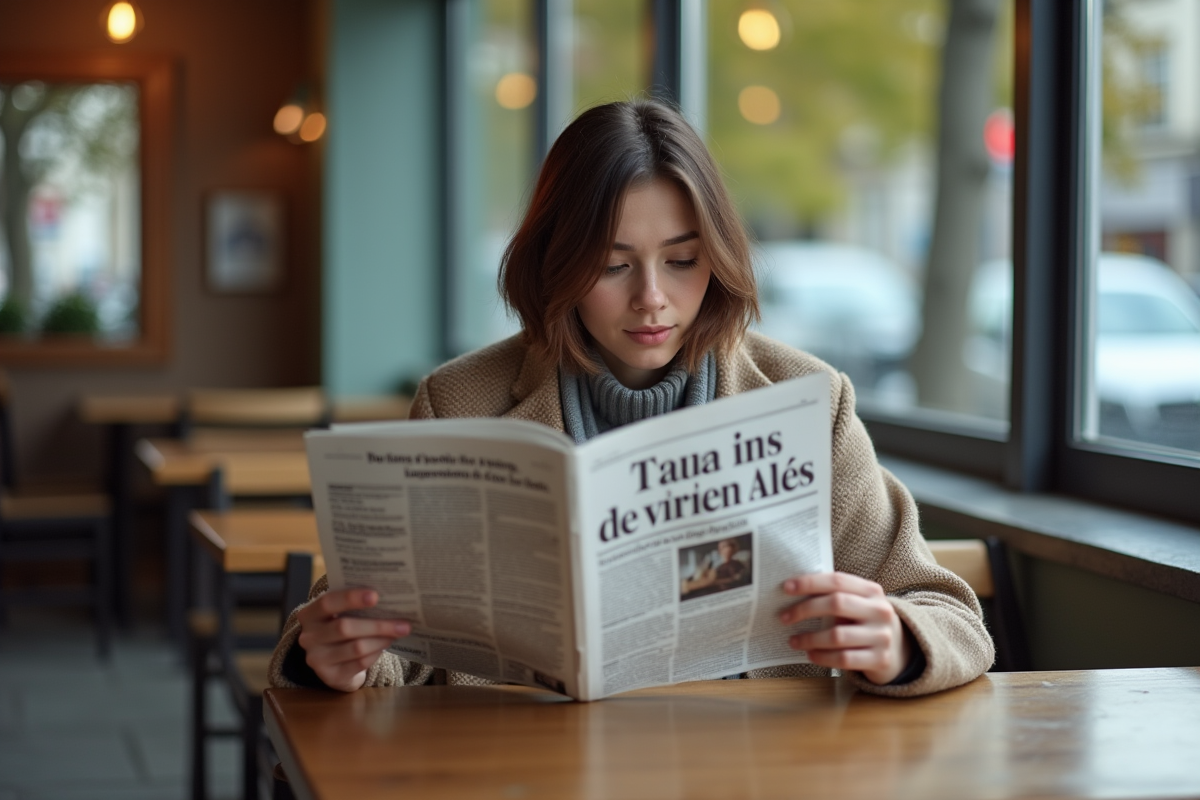 Jeune femme lisant un journal dans un café moderne intérieur