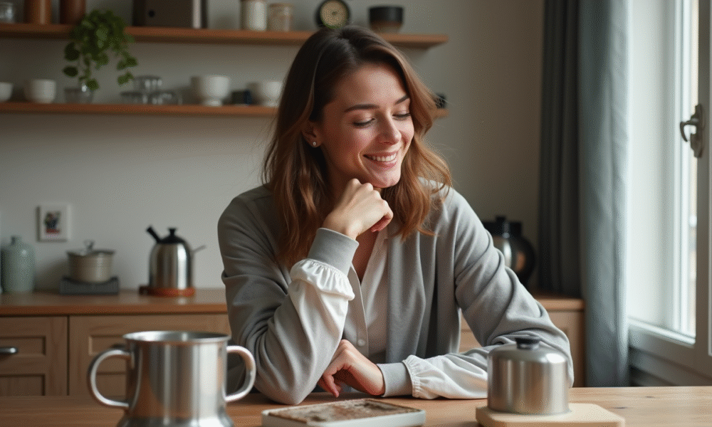 Femme élégante examine des gadgets de cuisine à Paris