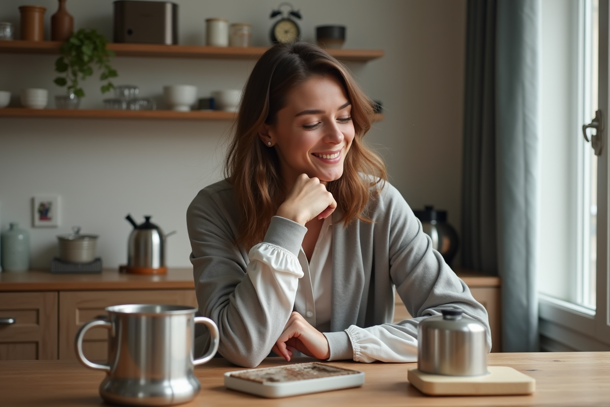 Femme élégante examine des gadgets de cuisine à Paris