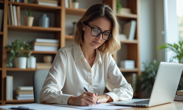 Femme en train d'envoyer une lettre dans un bureau lumineux