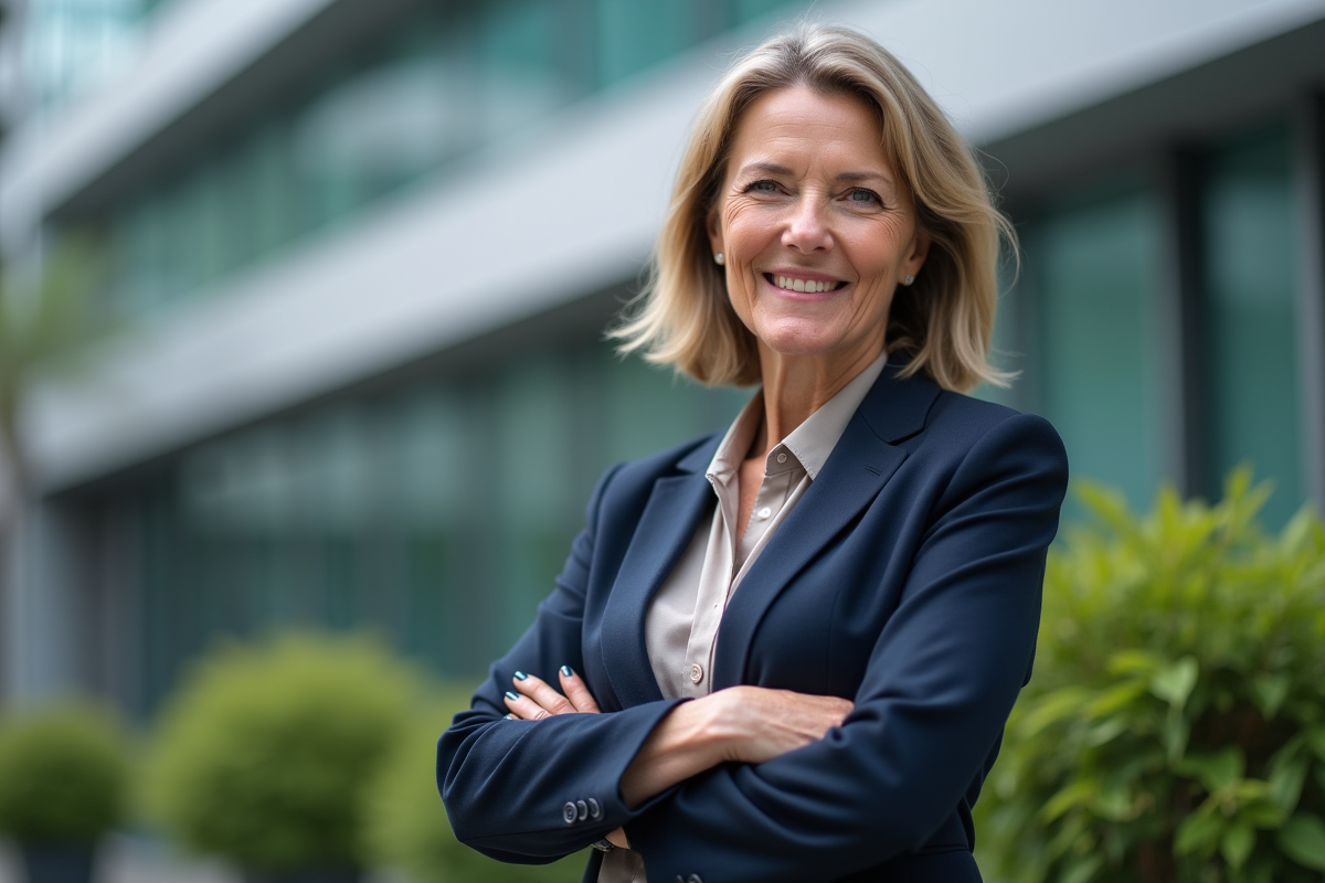 Femme cadre debout devant un bâtiment urbain