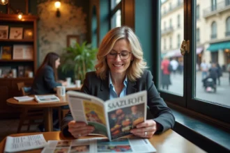 Femme élégante lisant un magazine à Paris