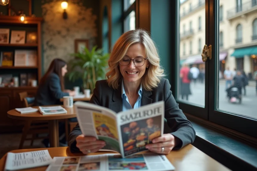 Femme élégante lisant un magazine à Paris
