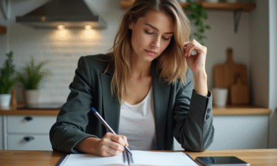 Jeune femme concentrée écrivant dans un planner en cuisine