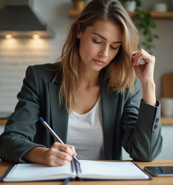 Jeune femme concentrée écrivant dans un planner en cuisine
