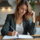 Jeune femme concentrée écrivant dans un planner en cuisine