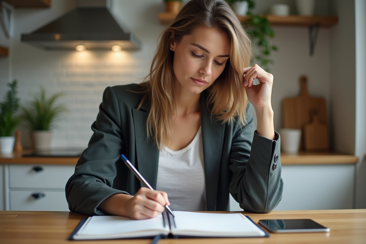Jeune femme concentrée écrivant dans un planner en cuisine