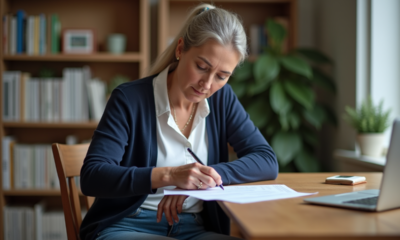 Femme assise à la maison en train de remplir des papiers