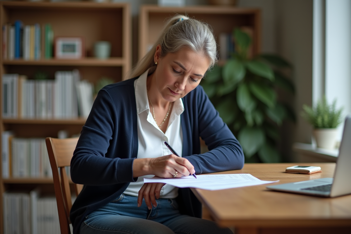 Femme assise à la maison en train de remplir des papiers