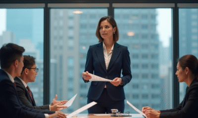 Femme confiante en costume navy présente des graphiques en réunion