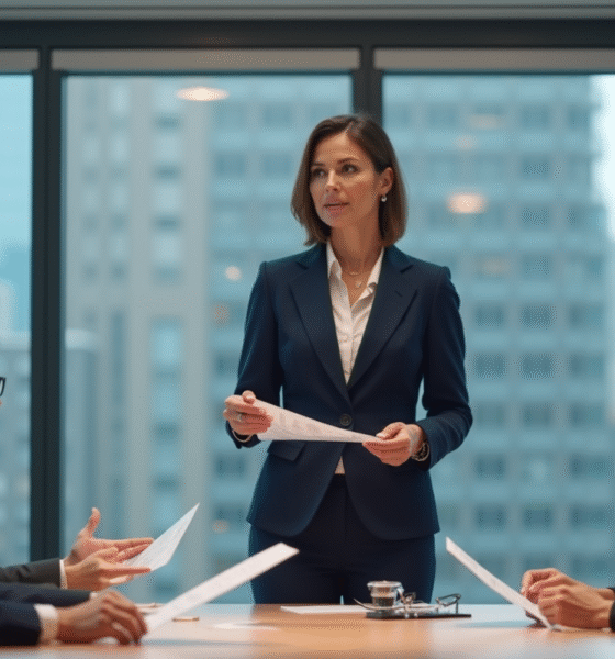 Femme confiante en costume navy présente des graphiques en réunion