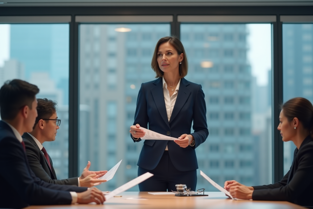 Femme confiante en costume navy présente des graphiques en réunion