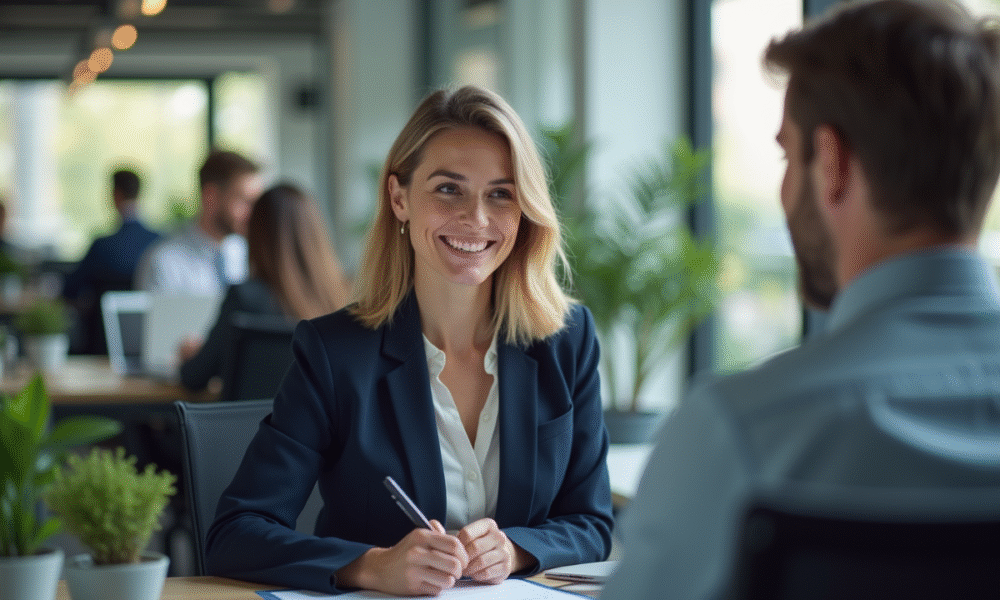 Femme d'affaires souriante dans un bureau moderne