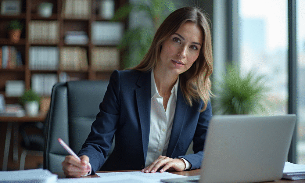 Femme en costume navy au bureau moderne