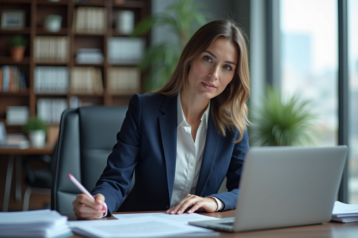 Femme en costume navy au bureau moderne