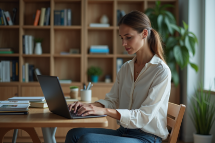 Femme au bureau moderne recherche des clients en ligne