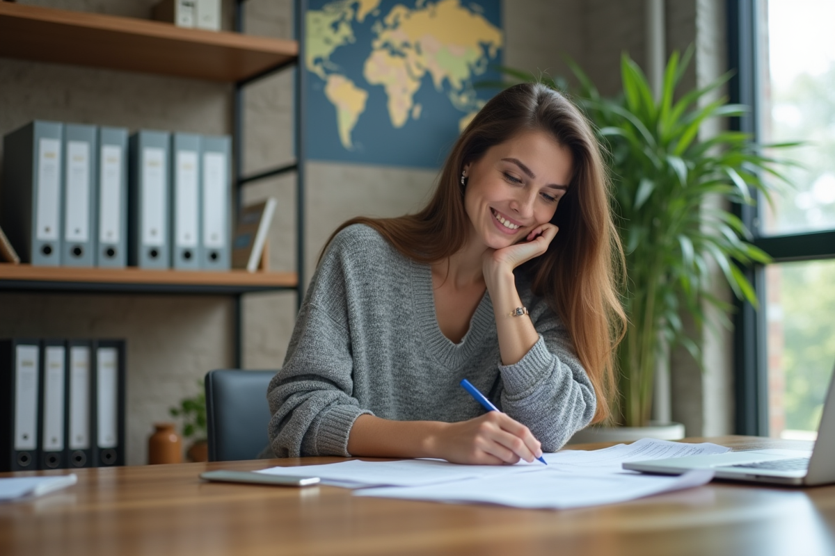 Femme en sweater gris travaillant à une table de réunion
