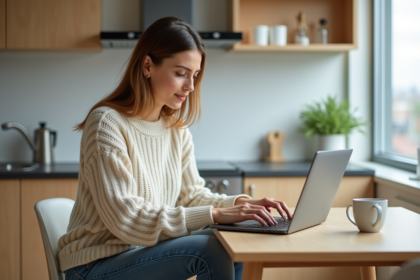 Femme travaillant sur son ordinateur dans une cuisine moderne
