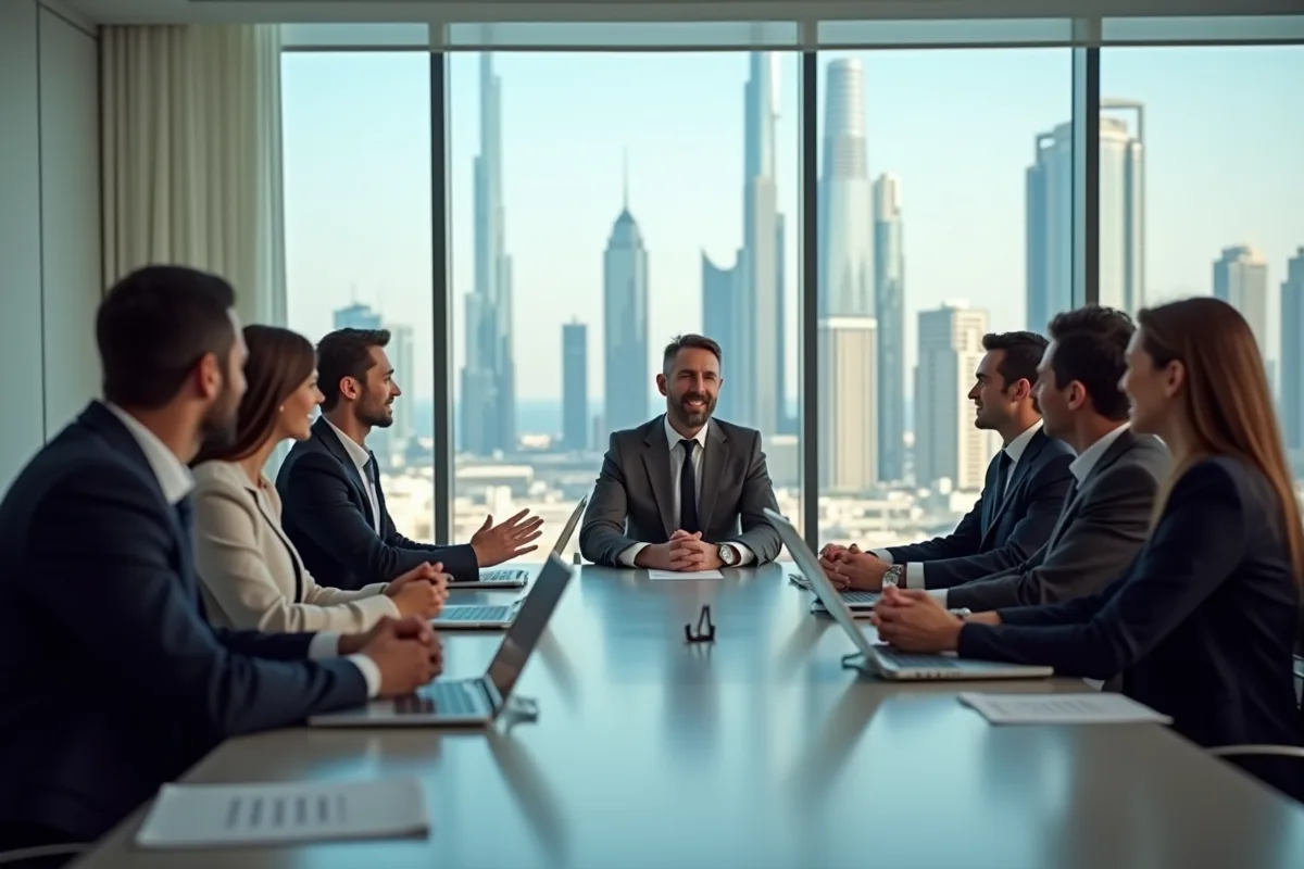Ingénieur français signant un contrat à Dubaï sous des néons brillants