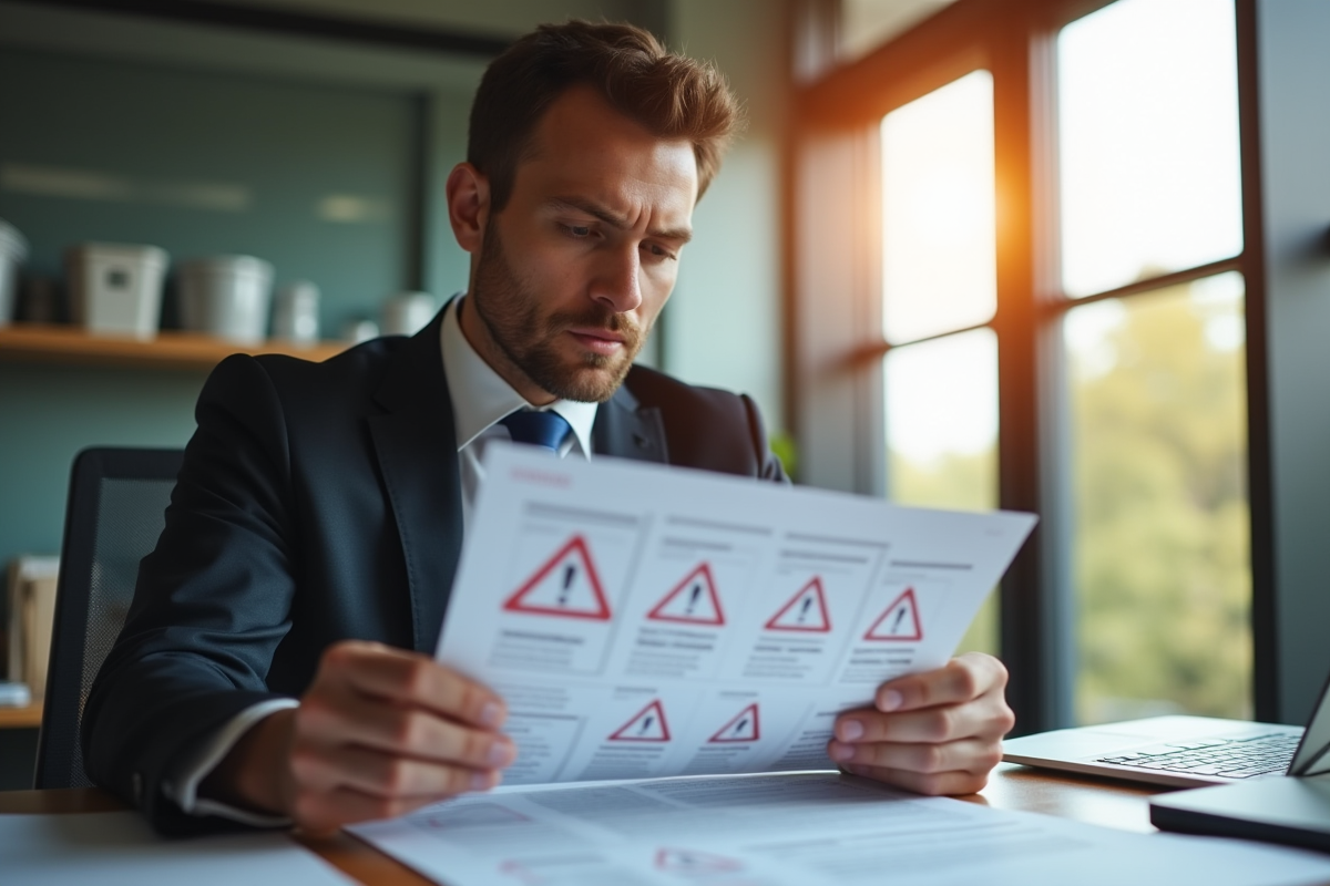 Responsable d'affaires examine un document avec avertissements