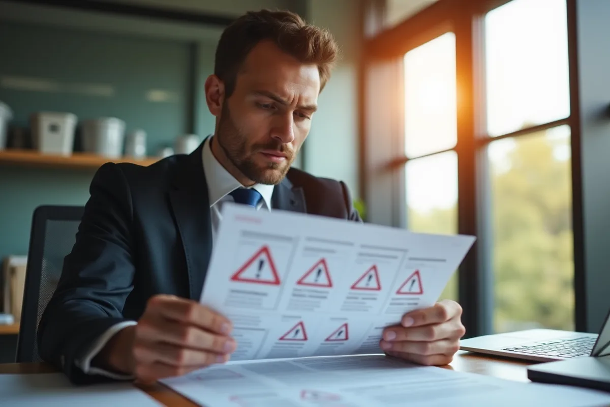 Responsable d'affaires examine un document avec avertissements