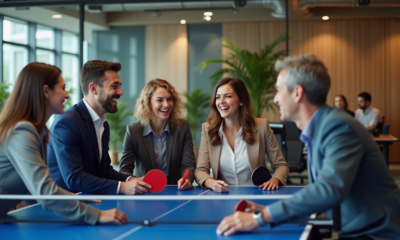 Groupe de collègues riant après une partie de ping-pong en bureau