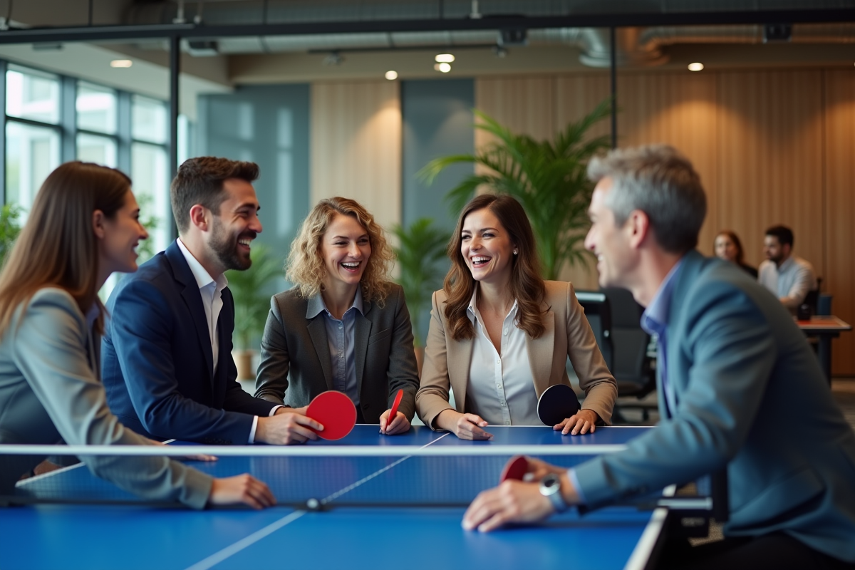 Groupe de collègues riant après une partie de ping-pong en bureau