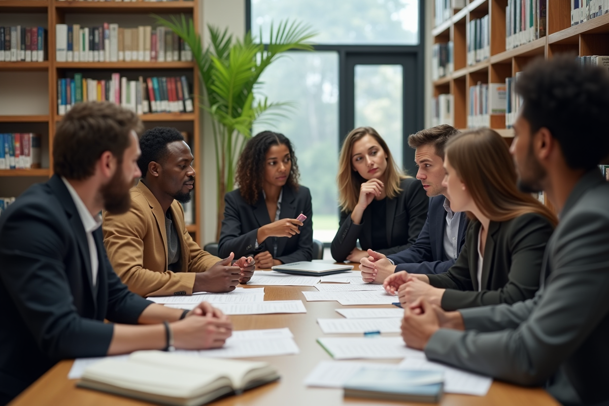 Groupe diversifié en consultation juridique dans une bibliothèque