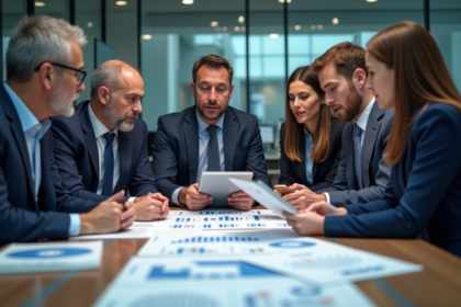 Groupe de professionnels en réunion autour d'une table moderne