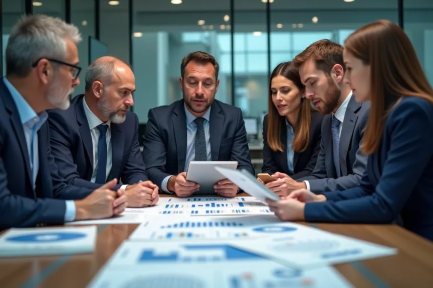 Groupe de professionnels en réunion autour d'une table moderne
