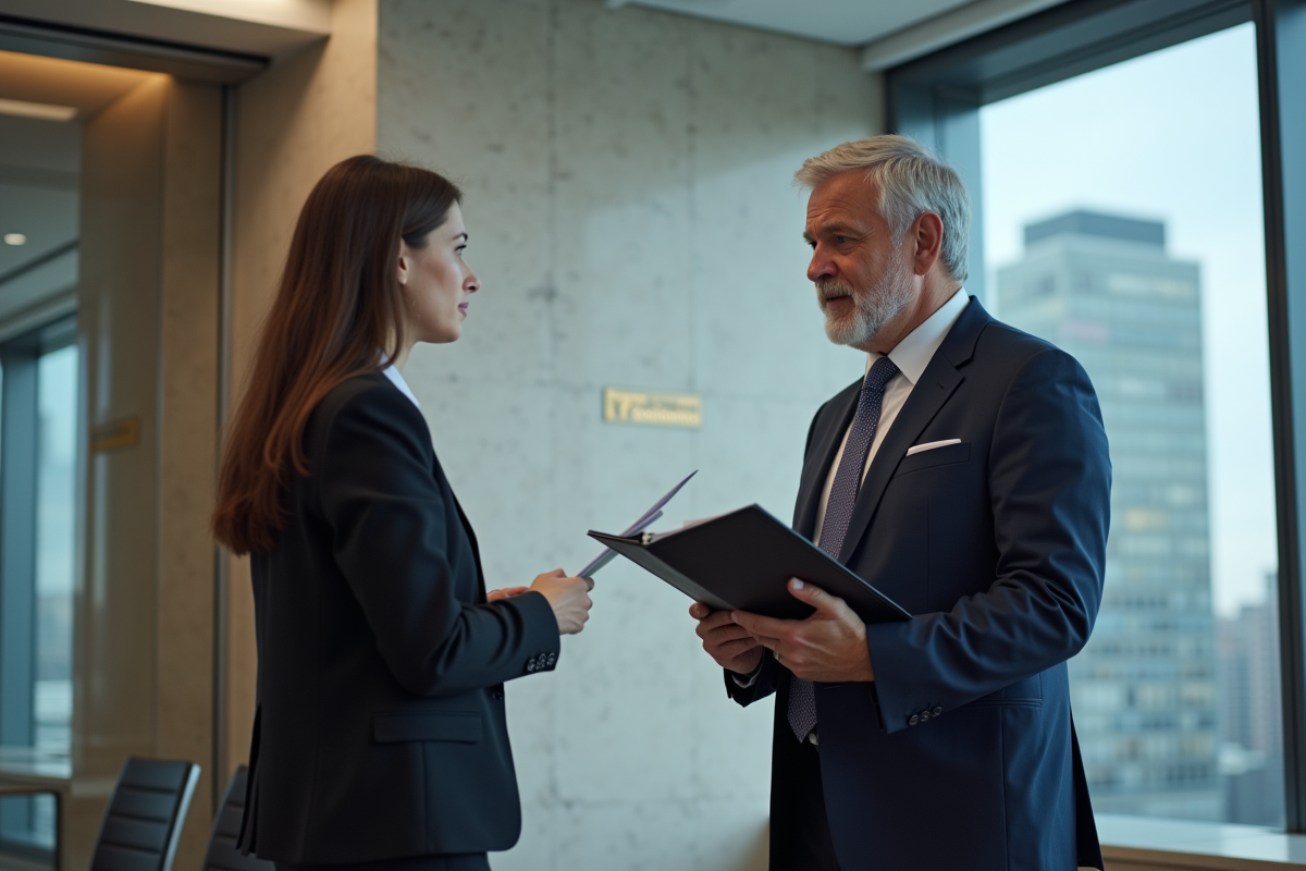 Homme d'affaires québécois en costume bleu parlant avec une jeune femme