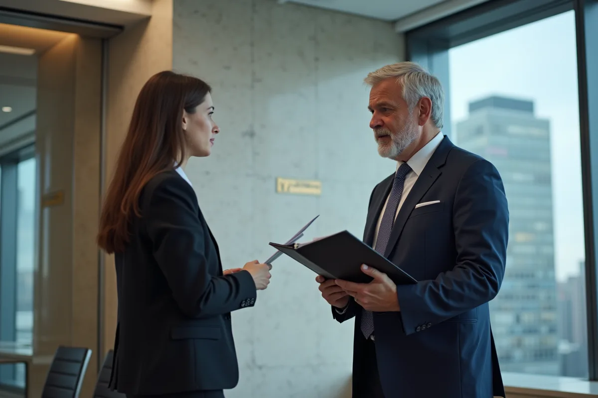 Homme d'affaires québécois en costume bleu parlant avec une jeune femme