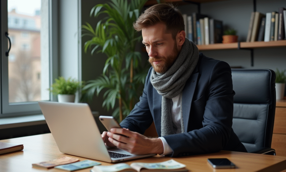 Homme en costume utilisant un ordinateur et portefeuille Bitcoin