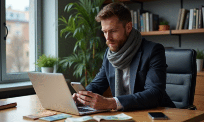 Homme en costume utilisant un ordinateur et portefeuille Bitcoin