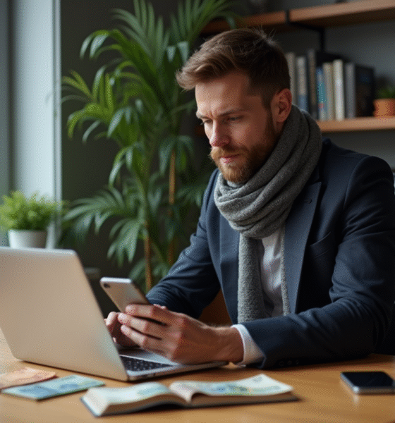 Homme en costume utilisant un ordinateur et portefeuille Bitcoin