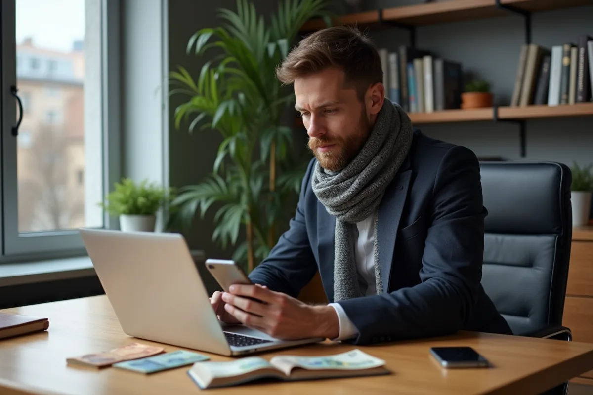 Homme en costume utilisant un ordinateur et portefeuille Bitcoin