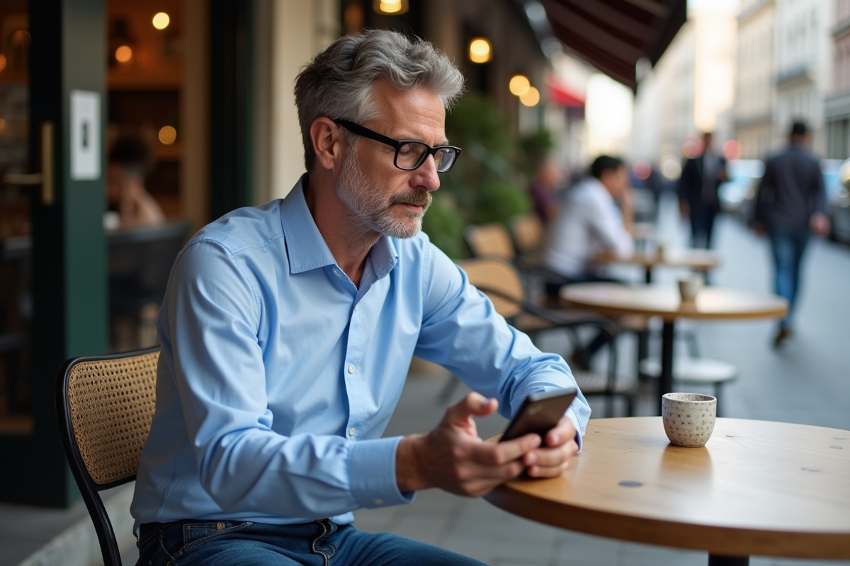 Homme au café consulte son profil sur smartphone