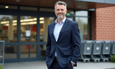 Homme en costume bleu dans un supermarché moderne