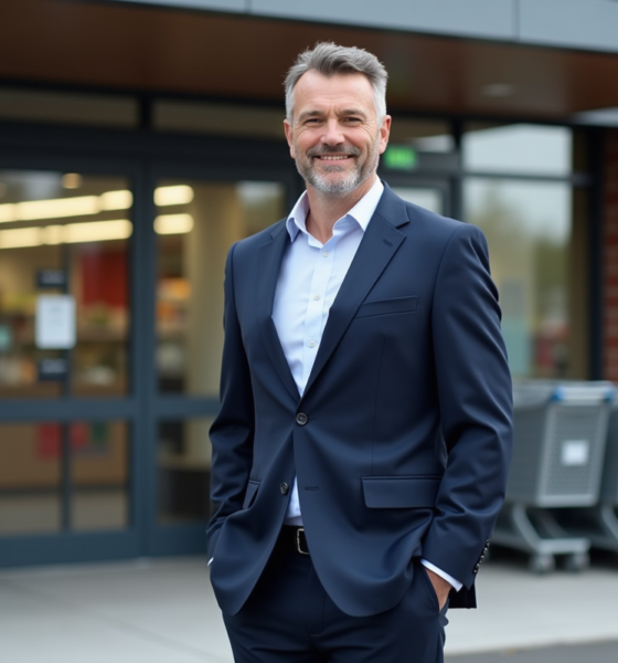 Homme en costume bleu dans un supermarché moderne