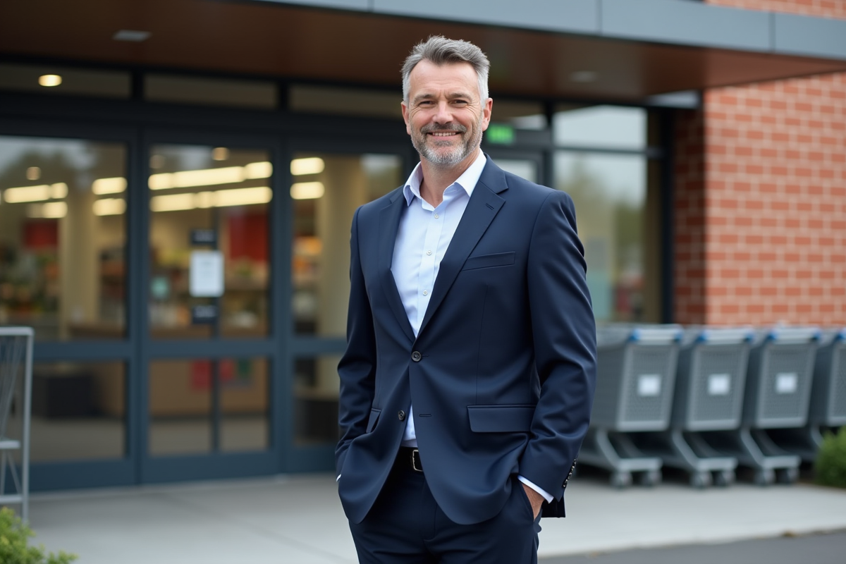 Homme en costume bleu dans un supermarché moderne