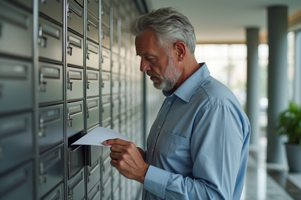 Homme déposant une lettre dans une boîte aux lettres moderne