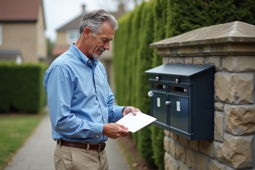 Homme d'âge moyen inspectant une lettre près d'une boîte aux lettres