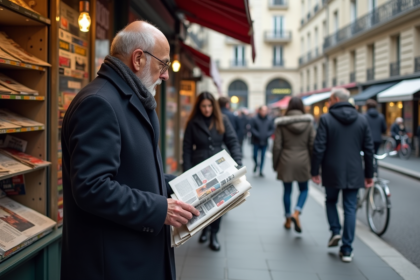 Homme d'âge moyen lisant un journal devant un kiosque à Paris