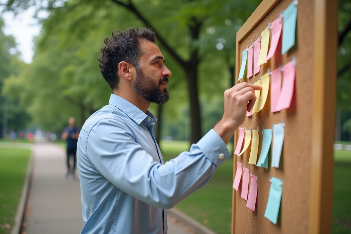 Homme en plein air collant des notes colorées dans un parc